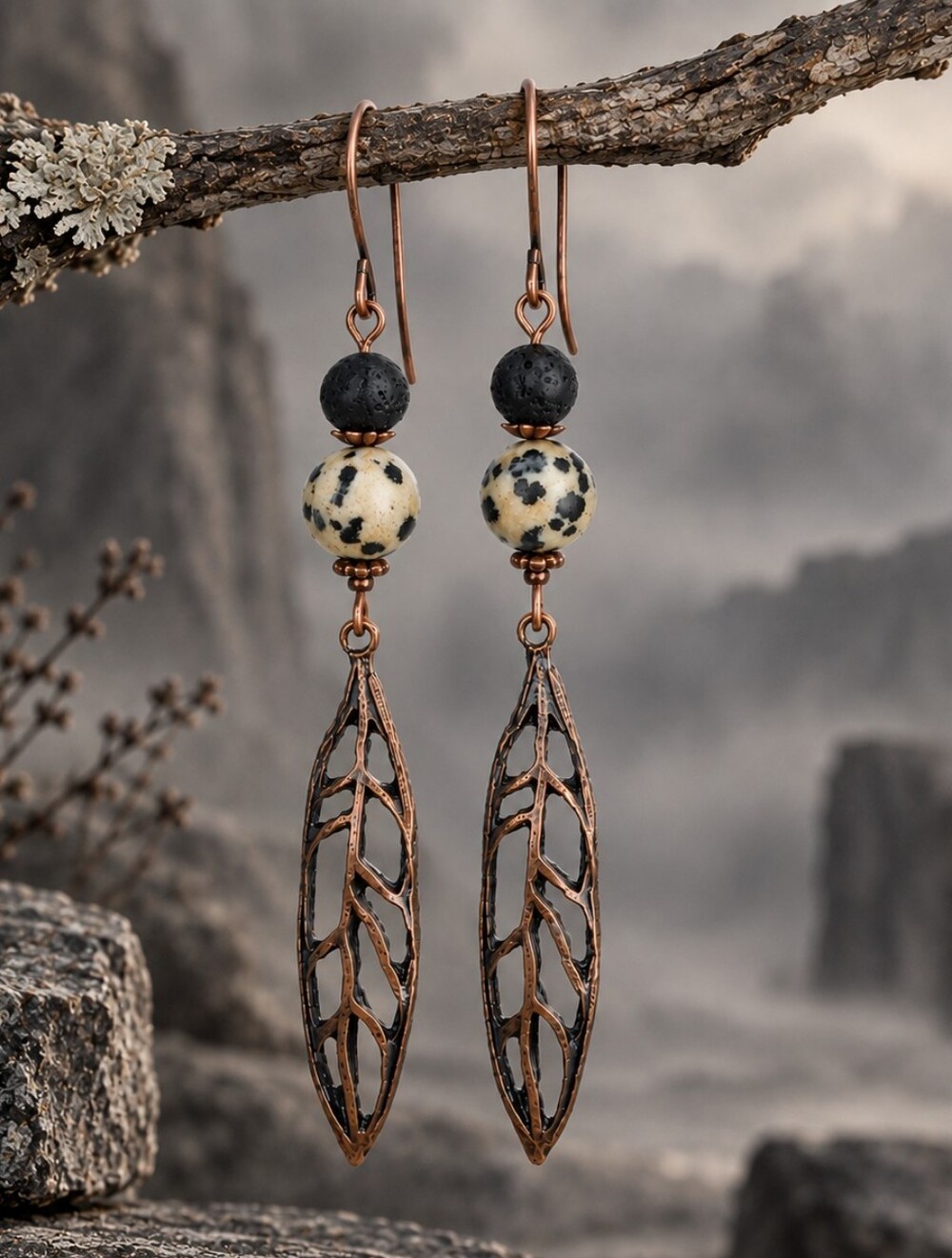 Dalmatian Jasper Lava Stone Earrings Antiqued Copper Leaf Hand Crafted